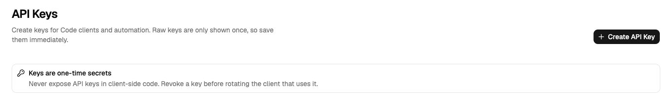 Autohand Console API Keys page with the Create API Key action and one-time secret warning