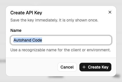 Autohand Console dialog for naming and creating an API key