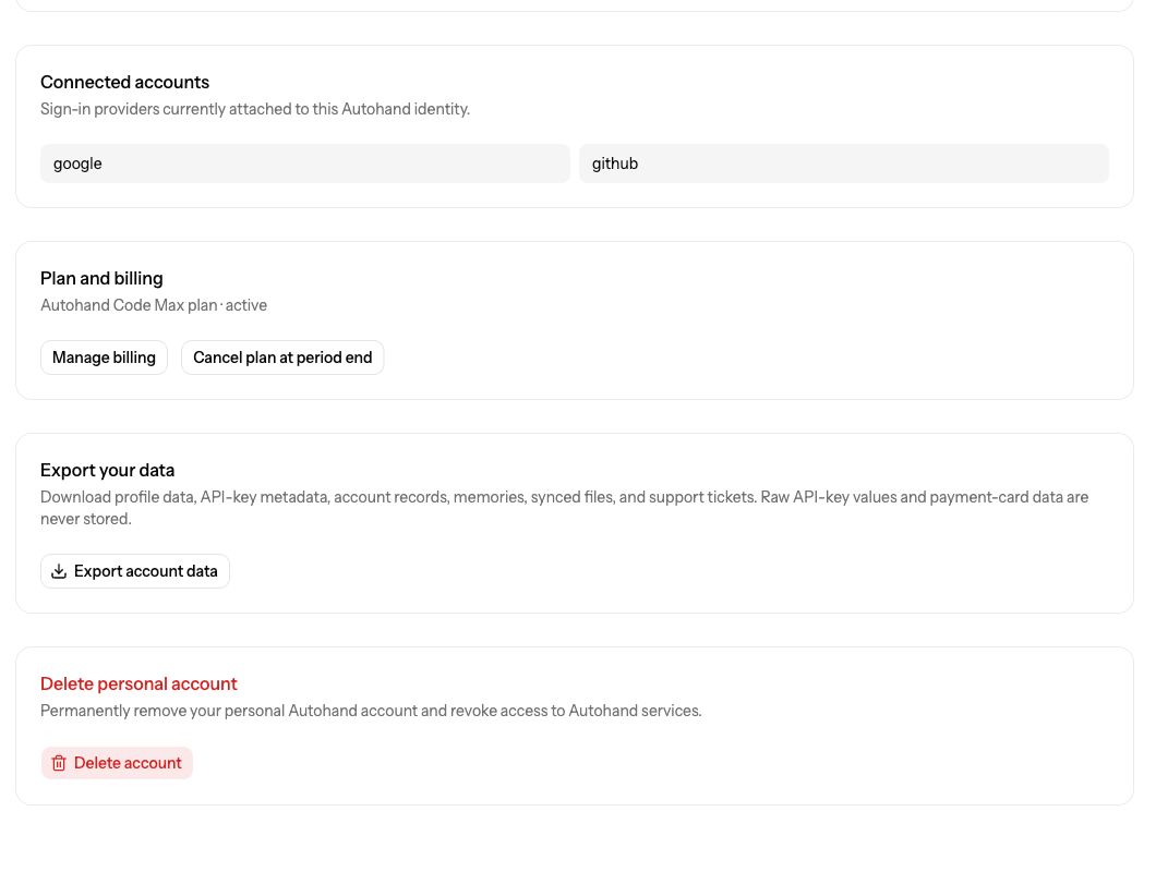 Autohand Console Account controls for connected sign-in providers, plan and billing, account export, and account deletion