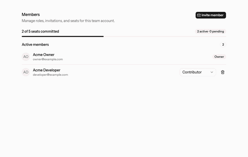 Autohand Console walkthrough opening the remove-member confirmation for a synthetic developer and showing the member removed from the Team list